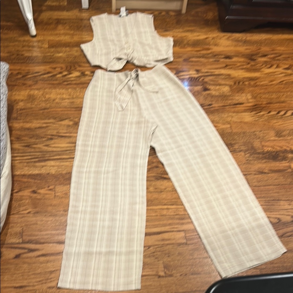 Elegant Beige Plaid Women's Wide Leg Jumpsuit